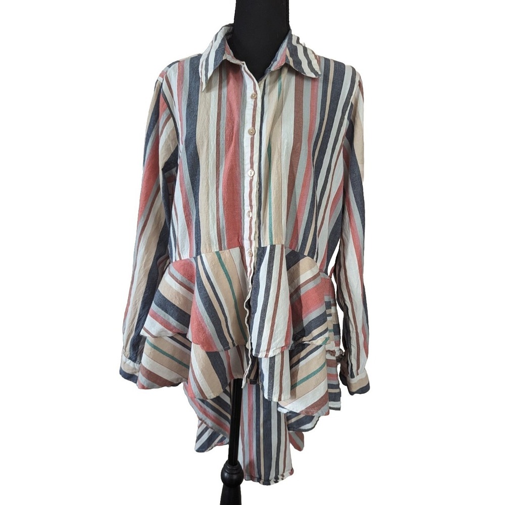 Thread Story Women's 2X Striped Cotton Ruffle Button Front Top Shirt